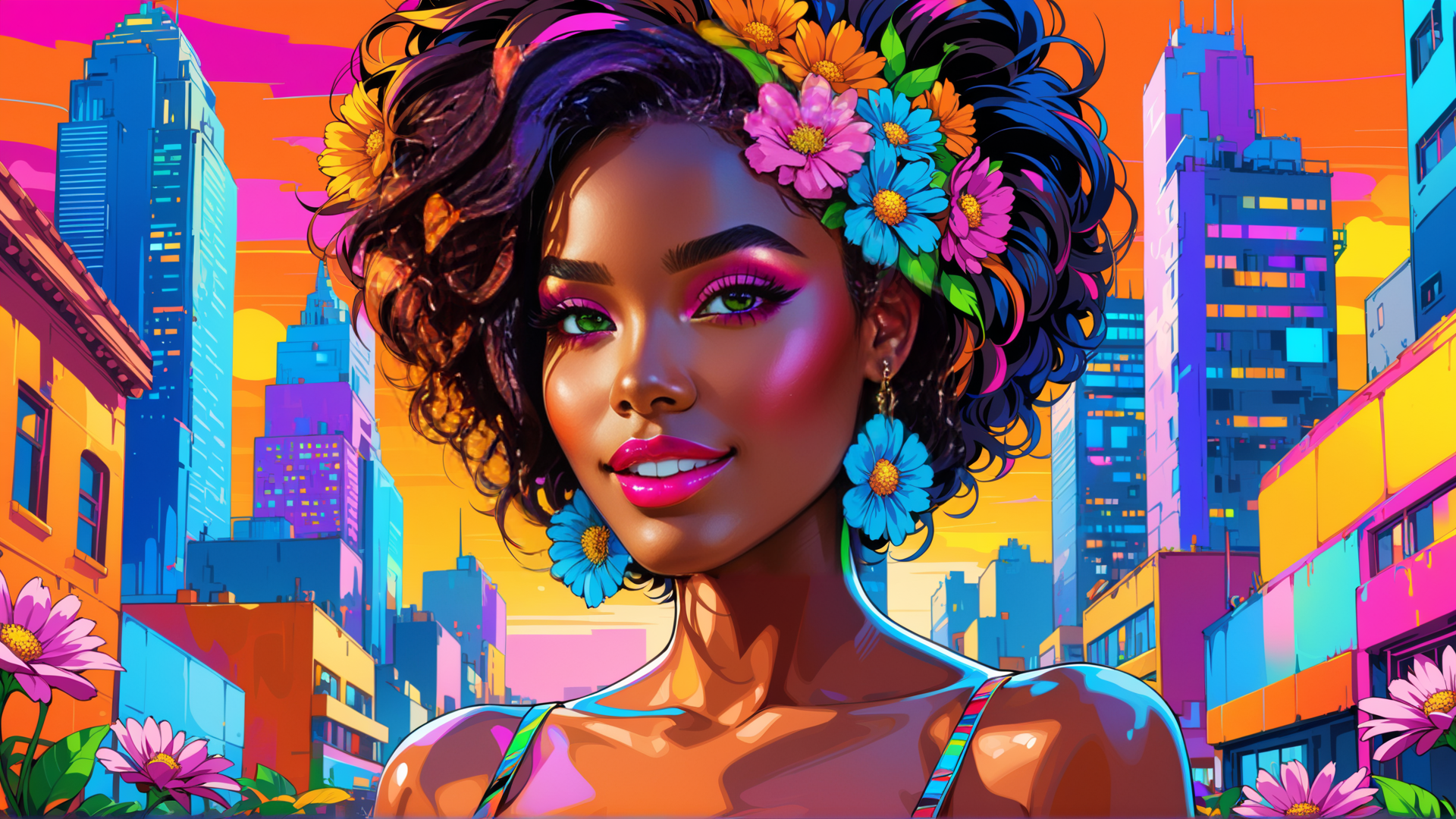 AI generated wallpaper featuring woman, cityscape, flowers