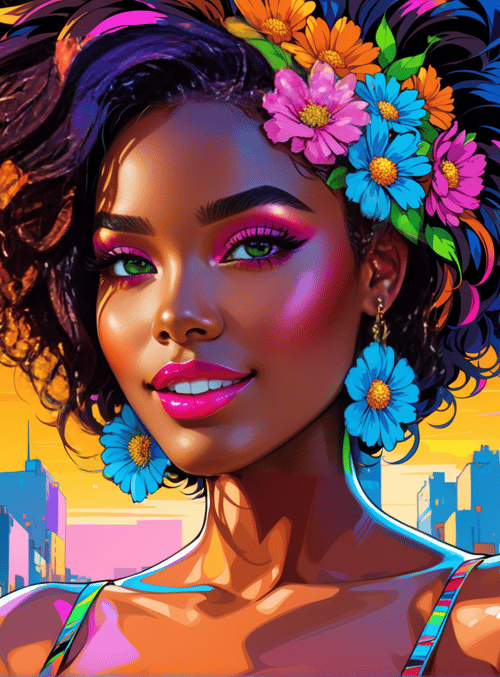 woman, cityscape, flowers