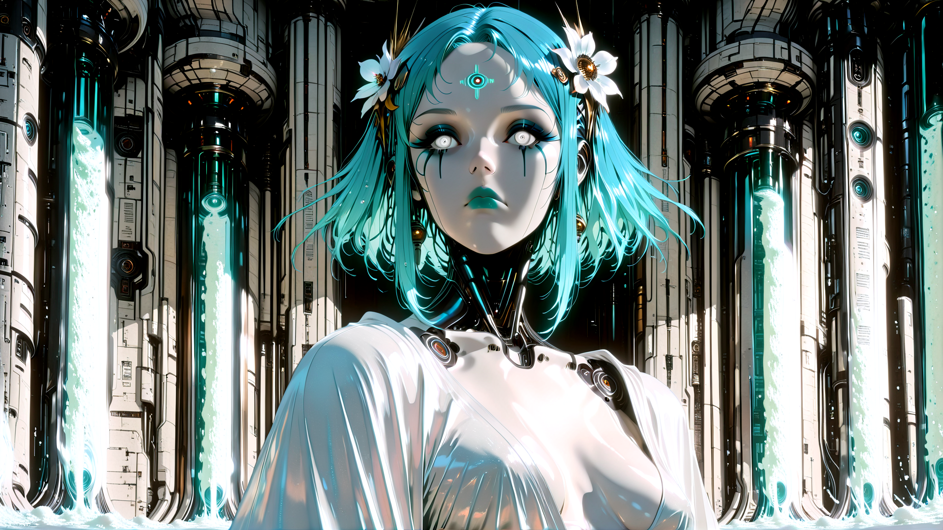 AI generated wallpaper featuring cyborg, woman, hair, flowers, neck, glasses, cylinders, water, sunset, gears