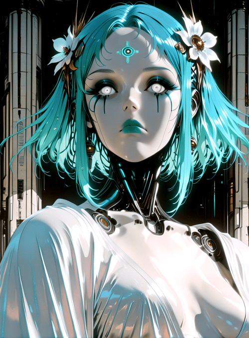 cyborg, woman, hair, flowers, neck, glasses, cylinders, water, sunset, gears