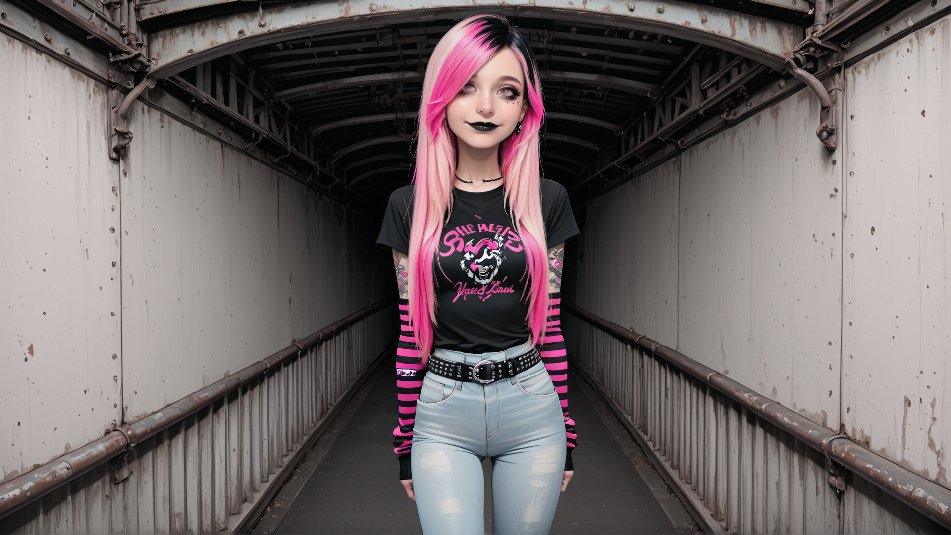 AI generated wallpaper featuring woman, punk, tattoo, hair, clothing, jeans, belt, t-shirt, corridor, bridge