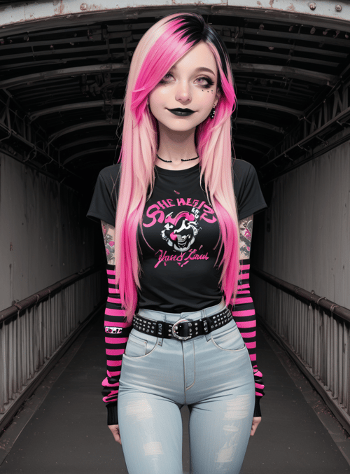woman, punk, tattoo, hair, clothing, jeans, belt, t-shirt, corridor, bridge