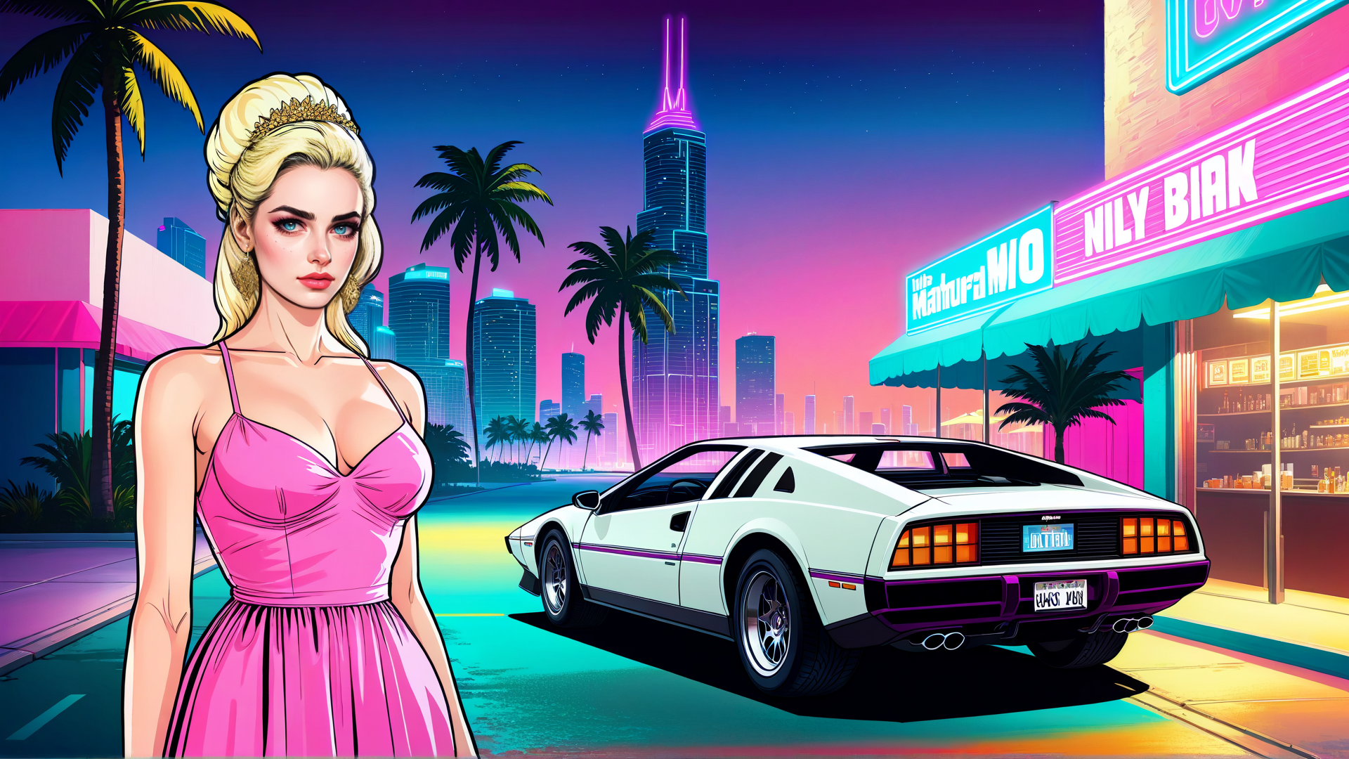 AI generated wallpaper featuring woman, car, city