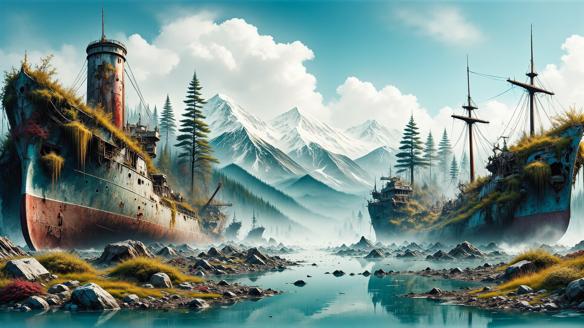 AI generated wallpaper featuring ships, mountains, trees
