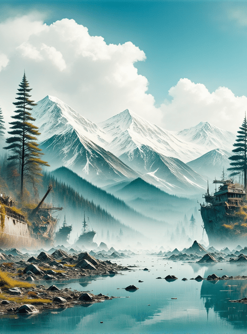 ships, mountains, trees