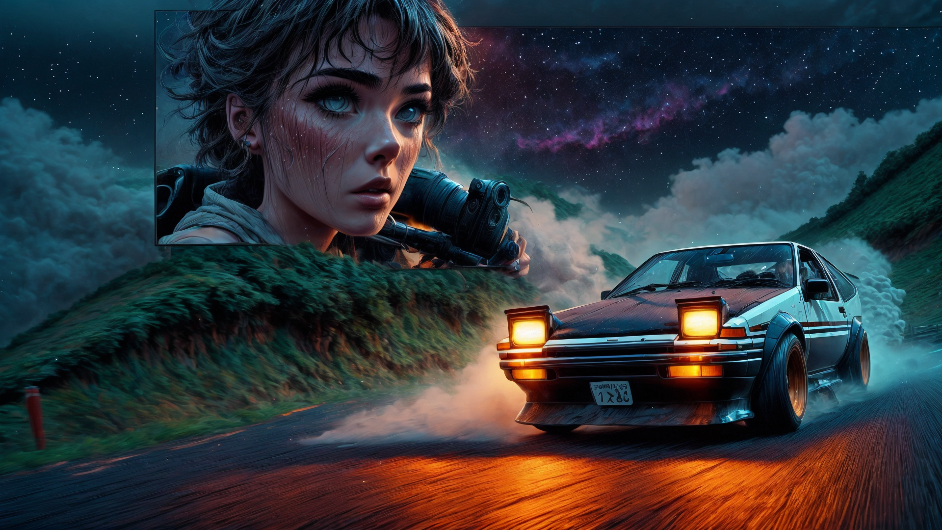 AI generated wallpaper featuring car, girl, camera, road, mountain, stars