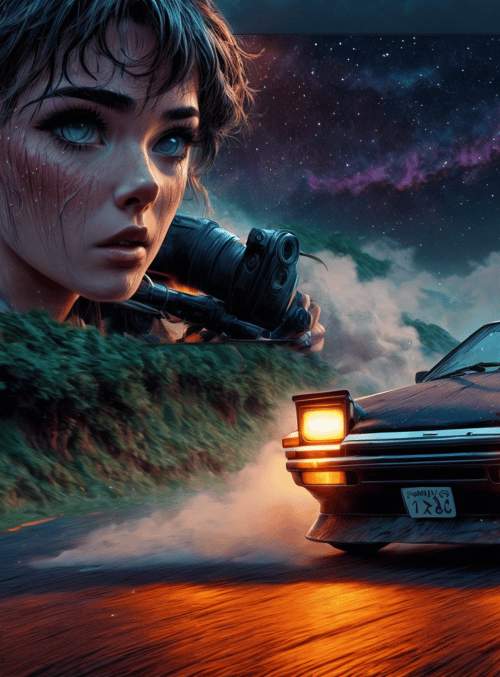 car, girl, camera, road, mountain, stars
