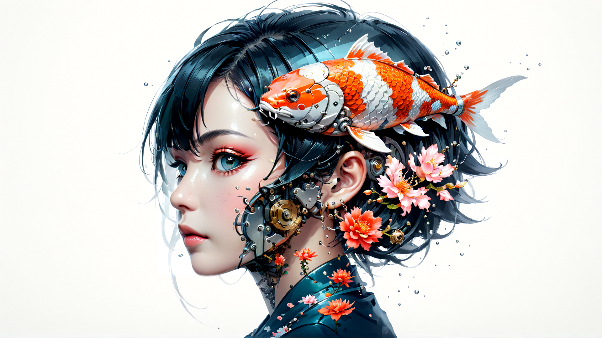 AI generated wallpaper featuring girl, koi fish, mechanical parts, cherry blossoms, hair
