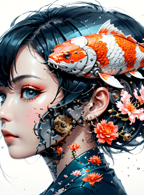 girl, koi fish, mechanical parts, cherry blossoms, hair