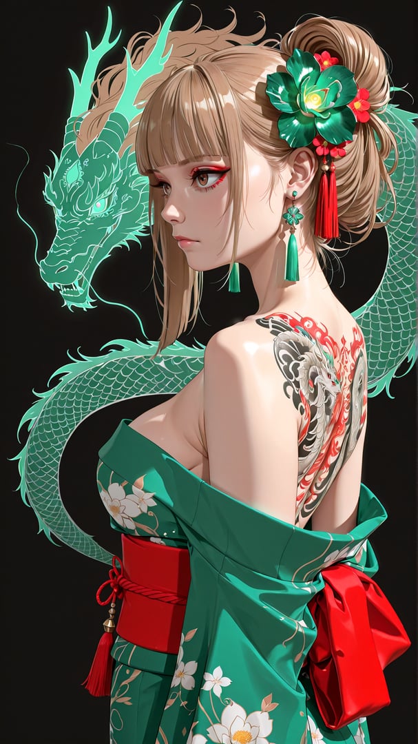 AI generated wallpaper featuring woman, dragon, kimono, tattoo, flower