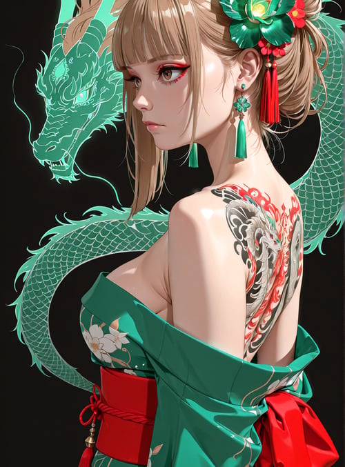 woman, dragon, kimono, tattoo, flower