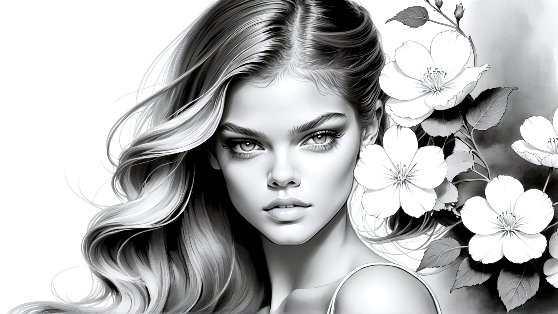 AI generated wallpaper featuring woman, flowers, hair