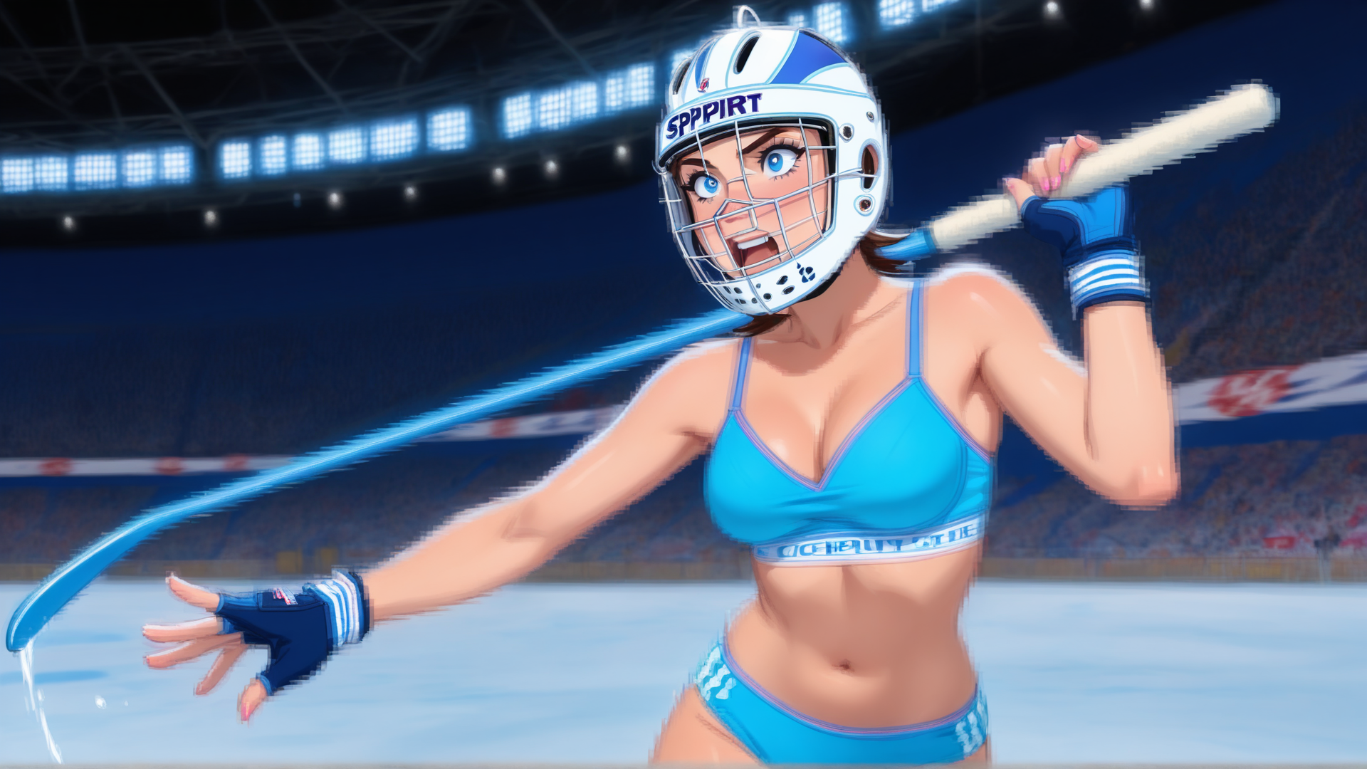 AI generated wallpaper featuring hockey player, sports figure, athlete, skater, uniform, helmet, stick, gloves, ice rink, stadium