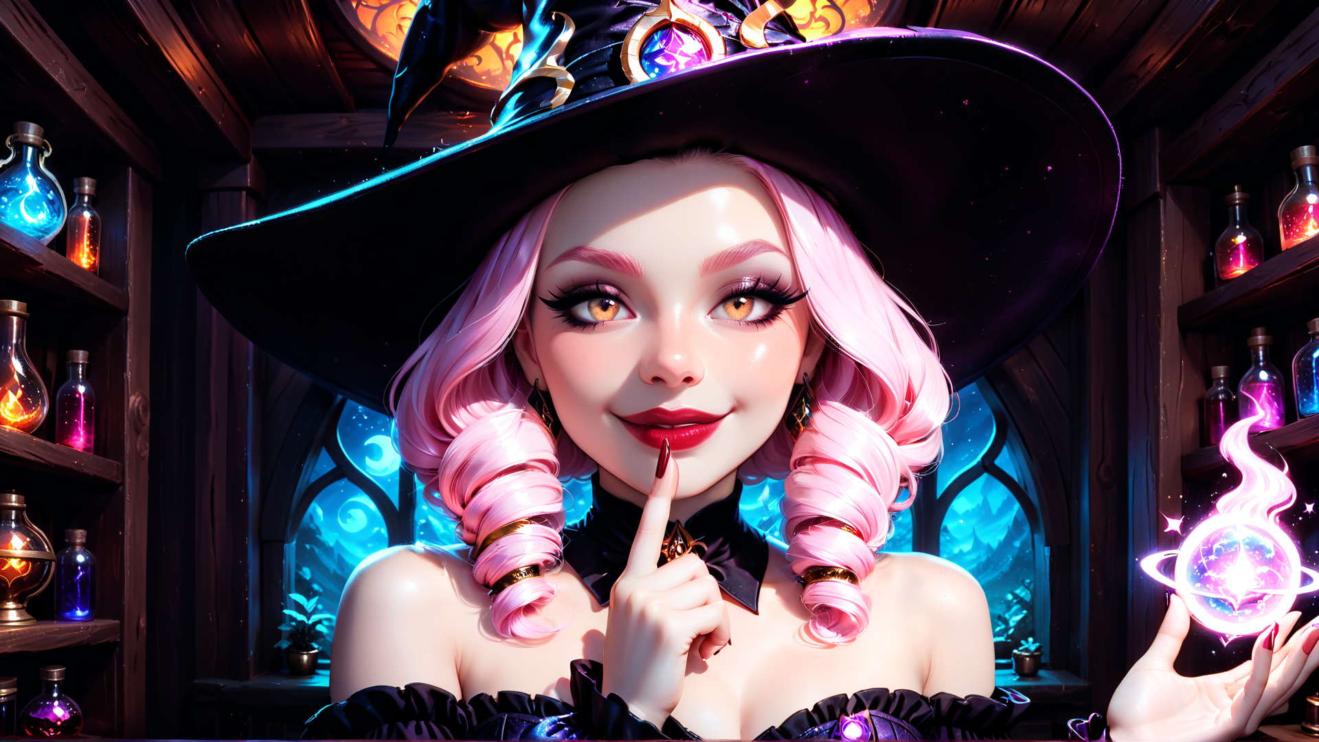 AI generated wallpaper featuring witch, hat, bottles, magic, sphere, hair, window