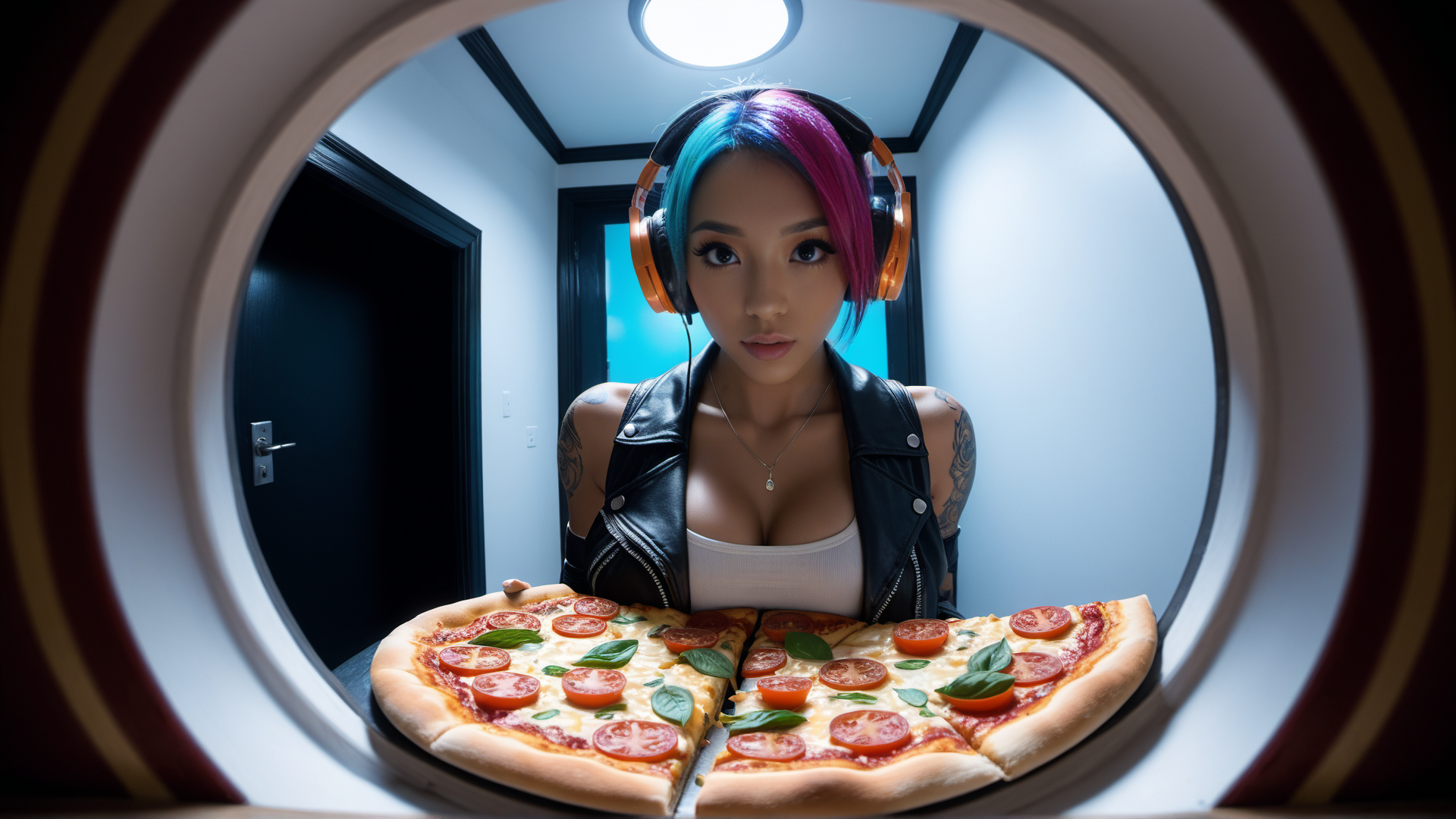 AI generated wallpaper featuring person, pizza, headphones