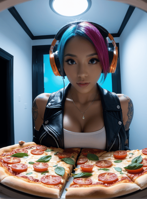 person, pizza, headphones