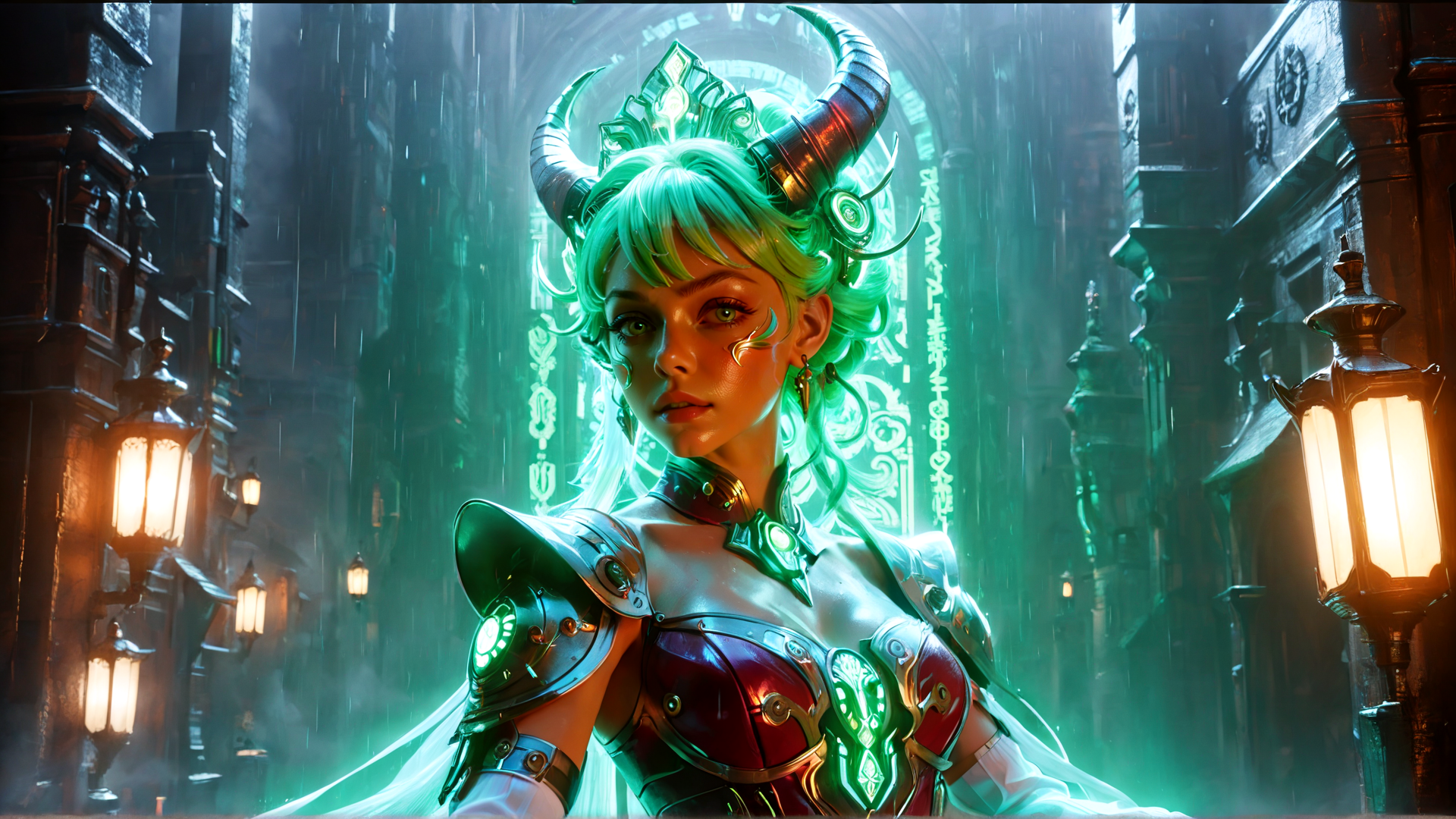AI generated wallpaper featuring woman, angel, goddess, warrior, fantasy, character, antler, armor, helmet, cape