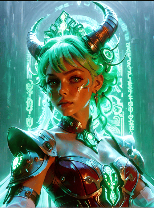 woman, angel, goddess, warrior, fantasy, character, antler, armor, helmet, cape