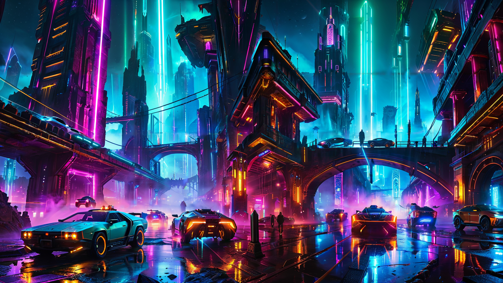 AI generated wallpaper featuring city, cars, buildings, neon, bridges