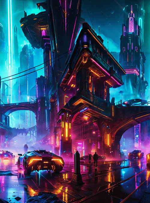 city, cars, buildings, neon, bridges