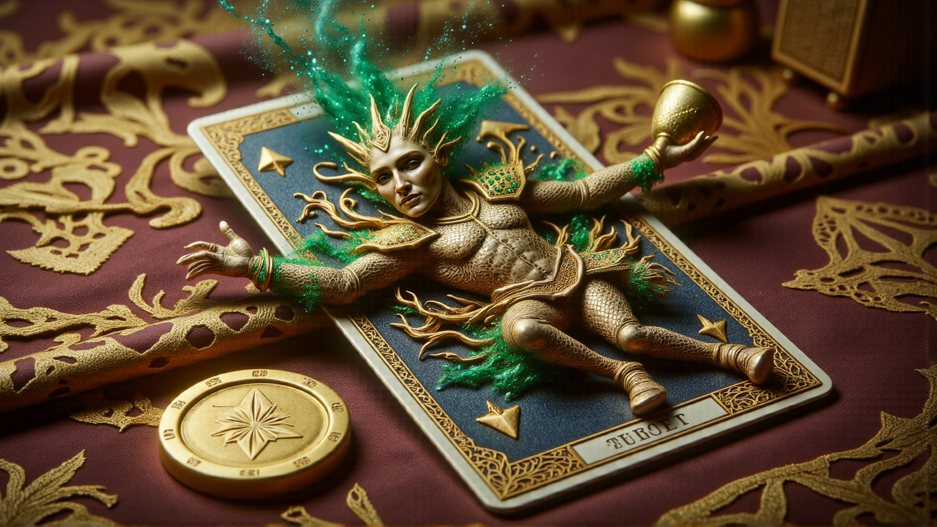 AI generated wallpaper featuring tarot card, figure, glitter
