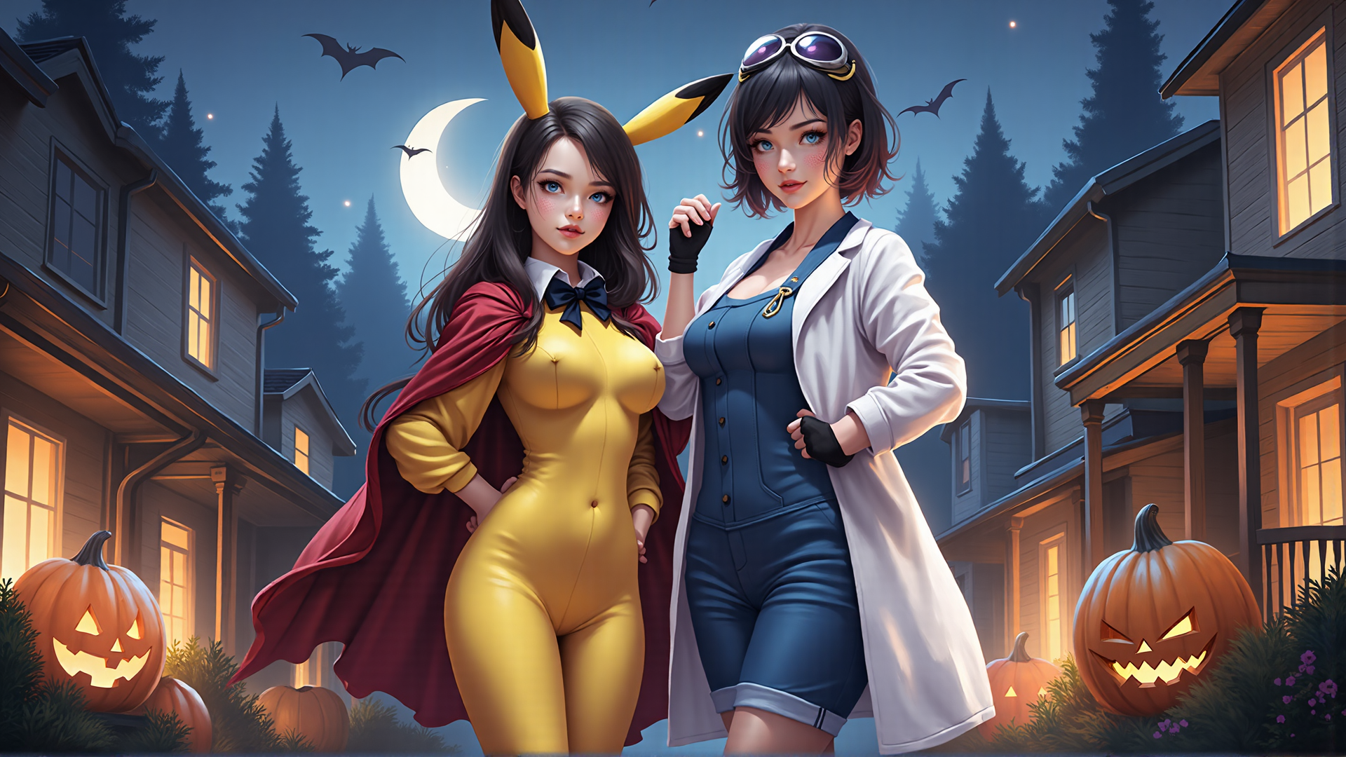 AI generated wallpaper featuring girls, pikachu, scientist, pumpkin, moon, houses, bats, goggles, cape, trees