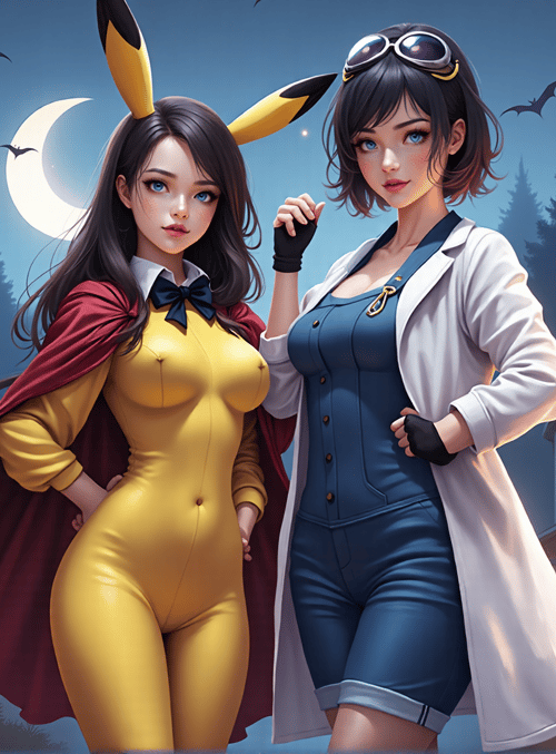 girls, pikachu, scientist, pumpkin, moon, houses, bats, goggles, cape, trees
