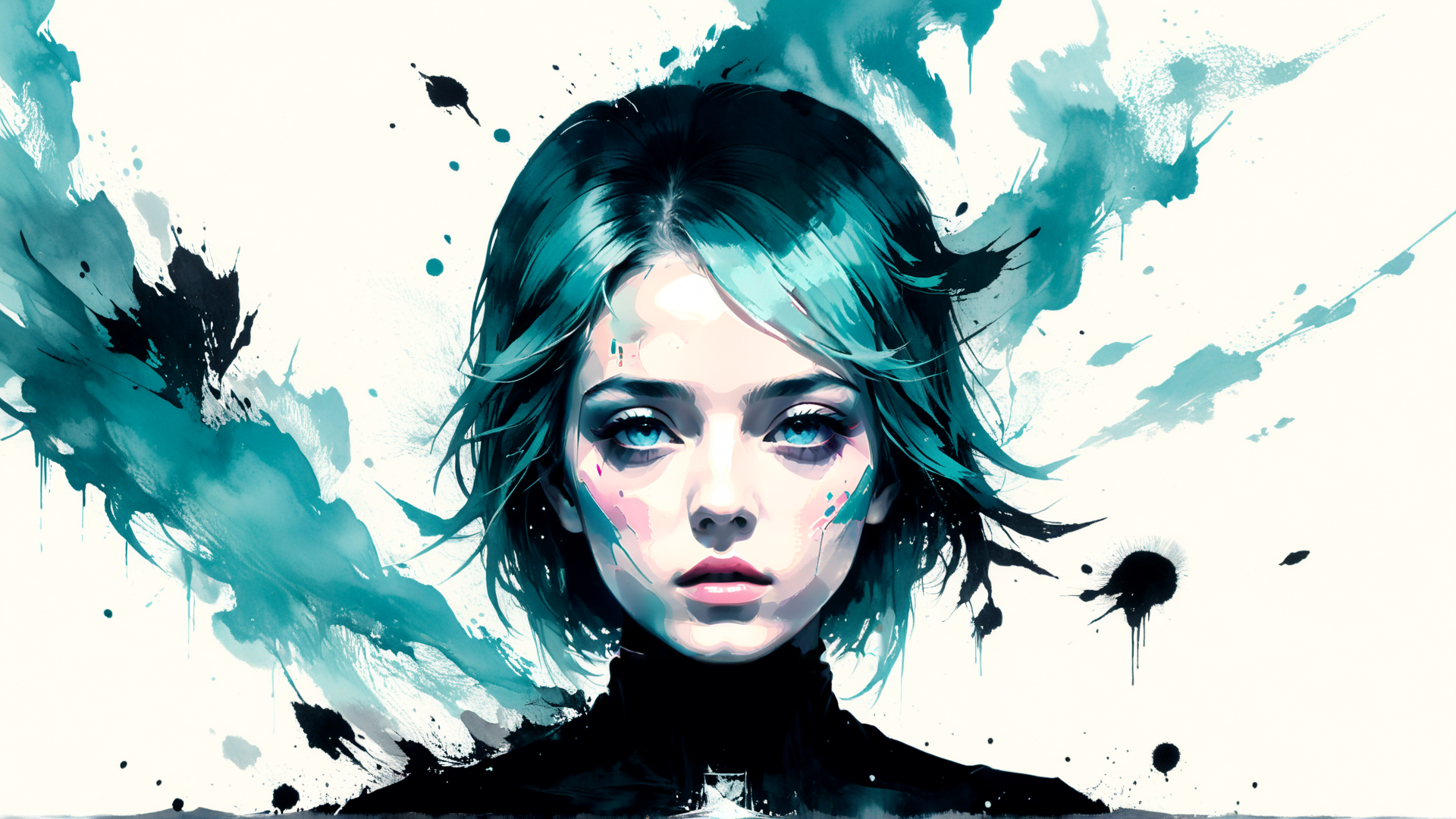 AI generated wallpaper featuring woman, portrait, ink, paint