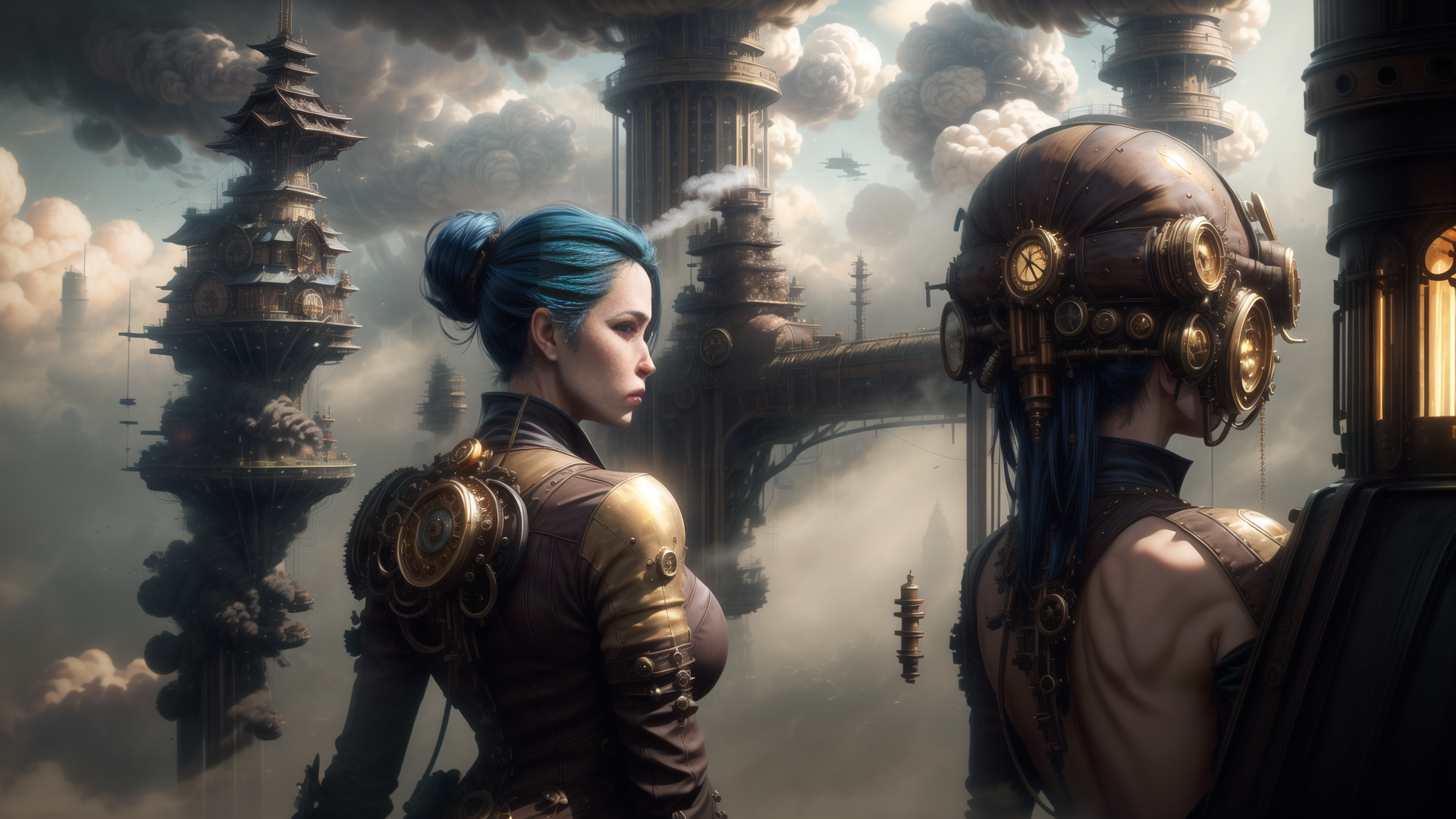 AI generated wallpaper featuring person, steampunk, cityscape