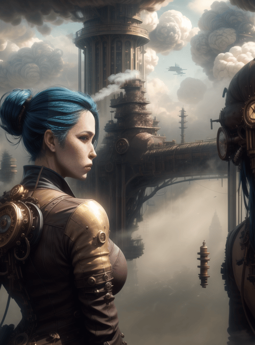 person, steampunk, cityscape