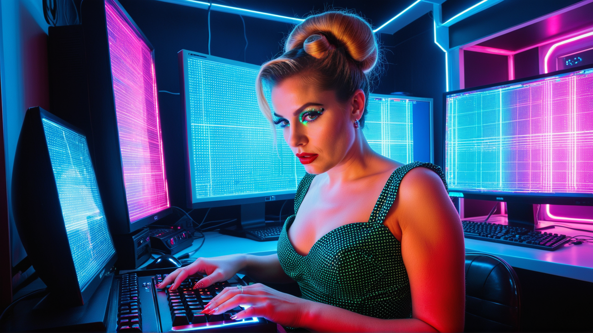 AI generated wallpaper featuring woman, computer, monitors