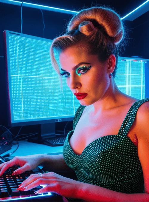 woman, computer, monitors
