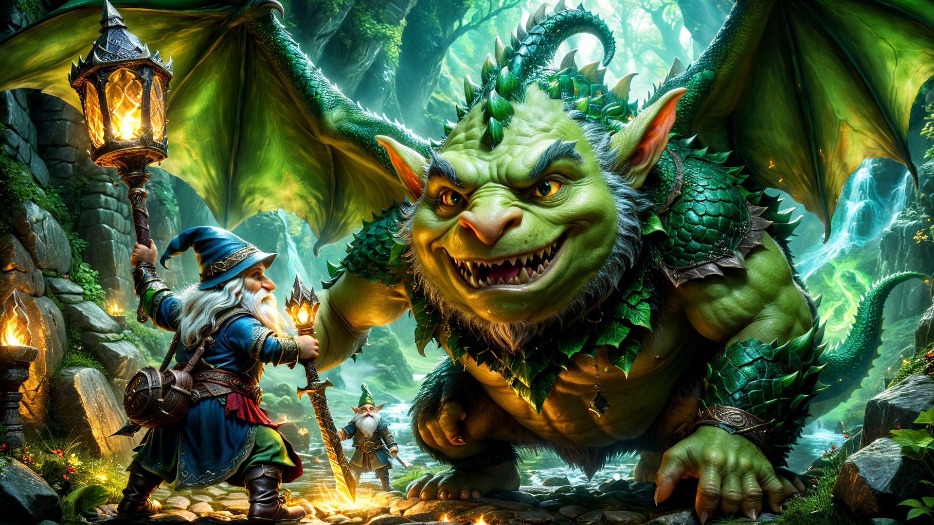 AI generated wallpaper featuring goblin, elf, dragon, lamp, sword, forest, mountain, waterfall, lantern, wizards