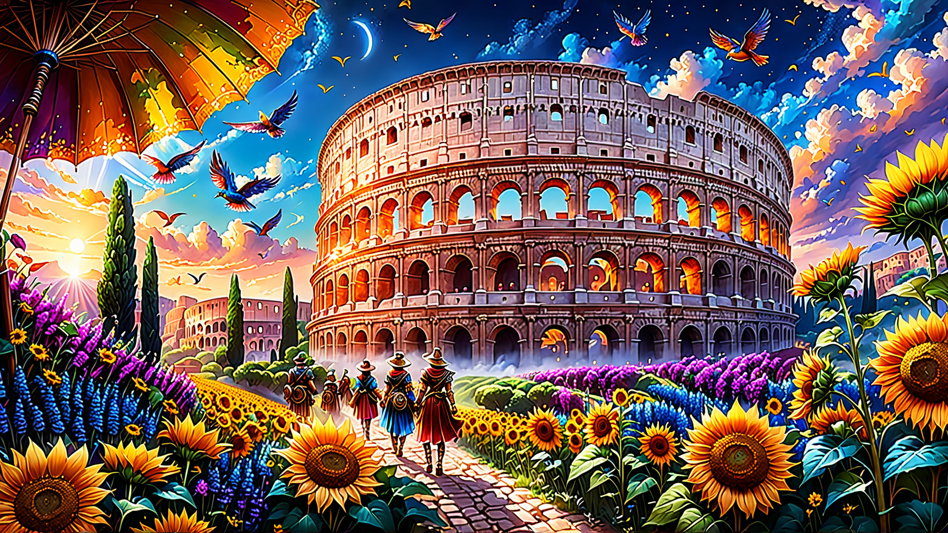 AI generated wallpaper featuring colosseum, flowers, people