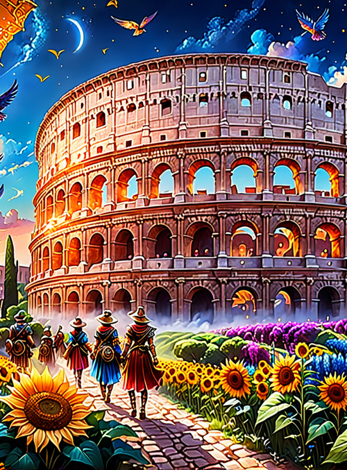 colosseum, flowers, people