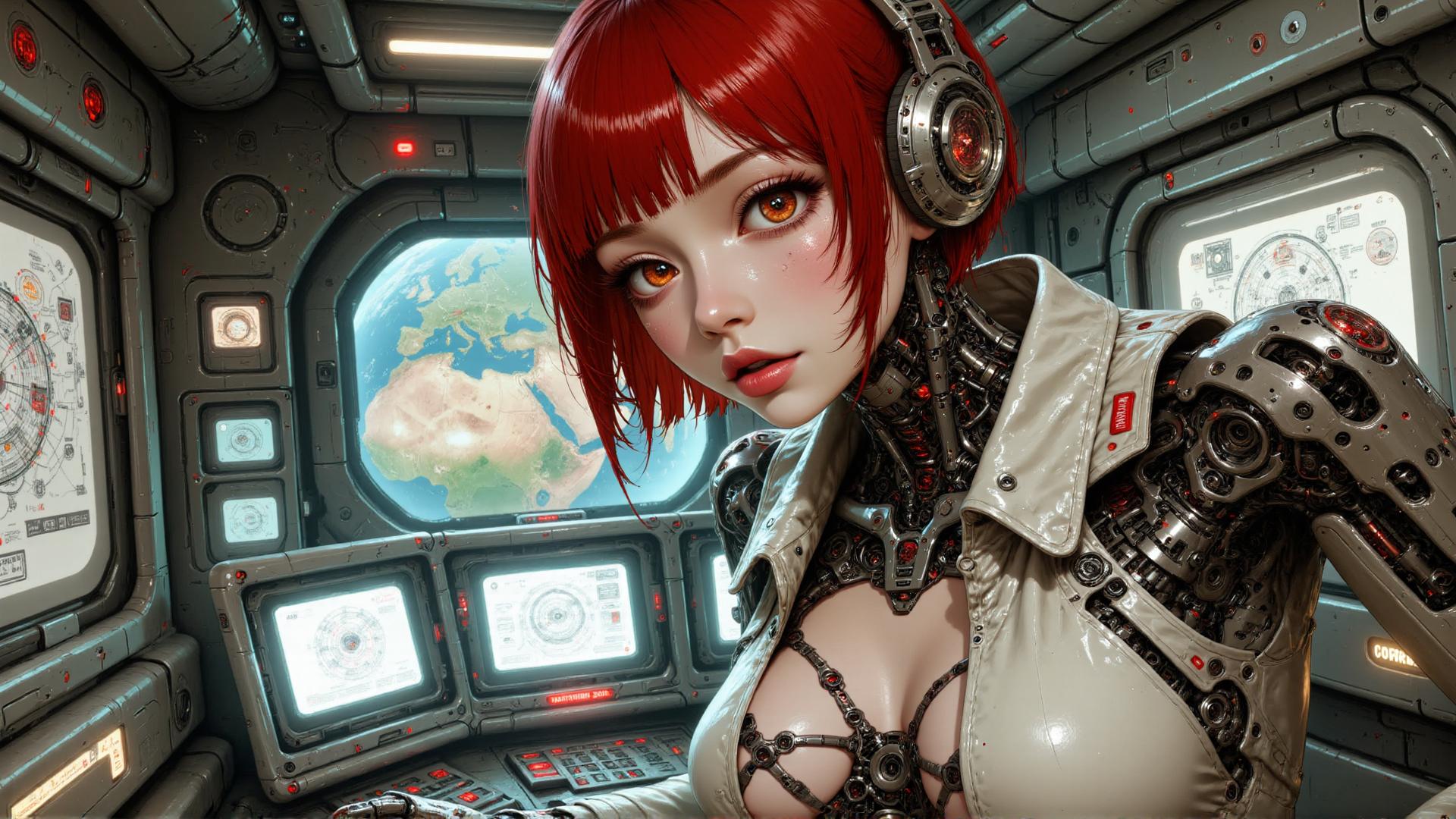 AI generated wallpaper featuring cyborg, redhead, glasses, spaceship, monitor, earth, headset, mechanical arm, jacket, circuit
