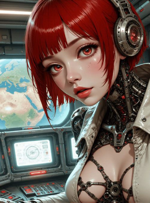 cyborg, redhead, glasses, spaceship, monitor, earth, headset, mechanical arm, jacket, circuit