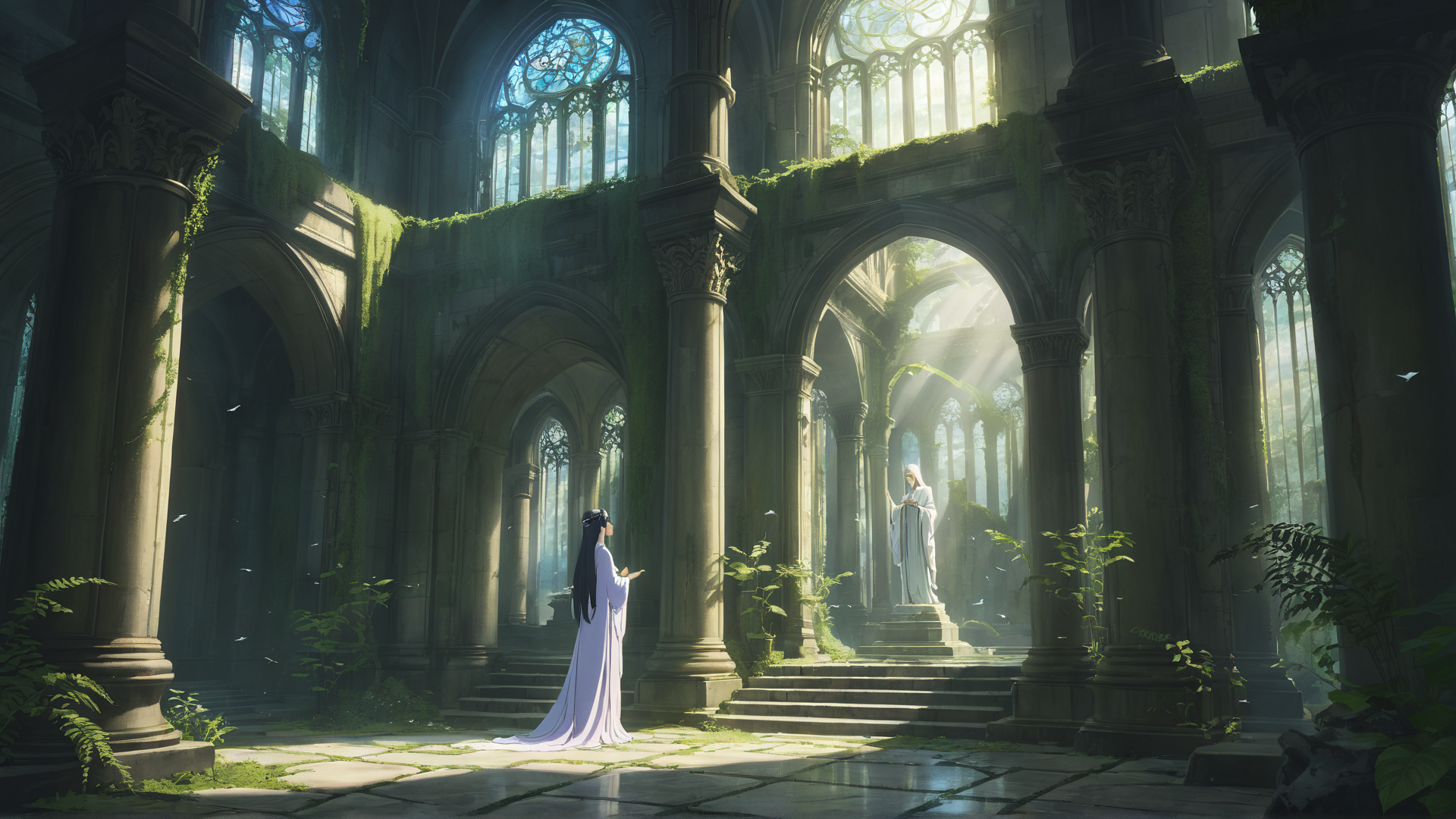 AI generated wallpaper featuring woman, statue, cathedral, column, vines, sunlight, staircase, window, fairy, bird