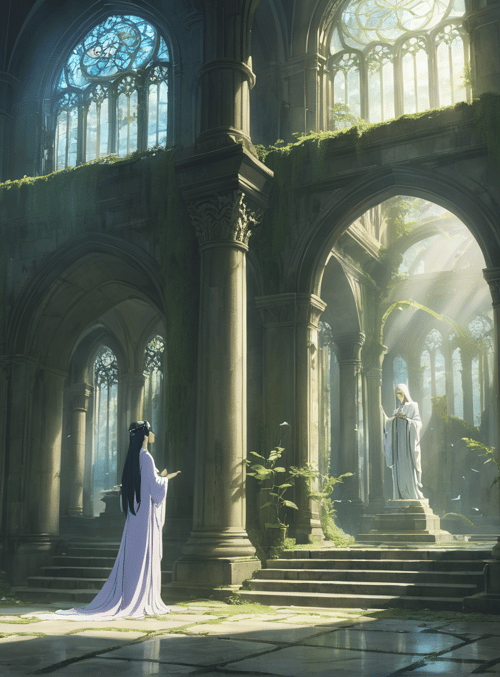 woman, statue, cathedral, column, vines, sunlight, staircase, window, fairy, bird