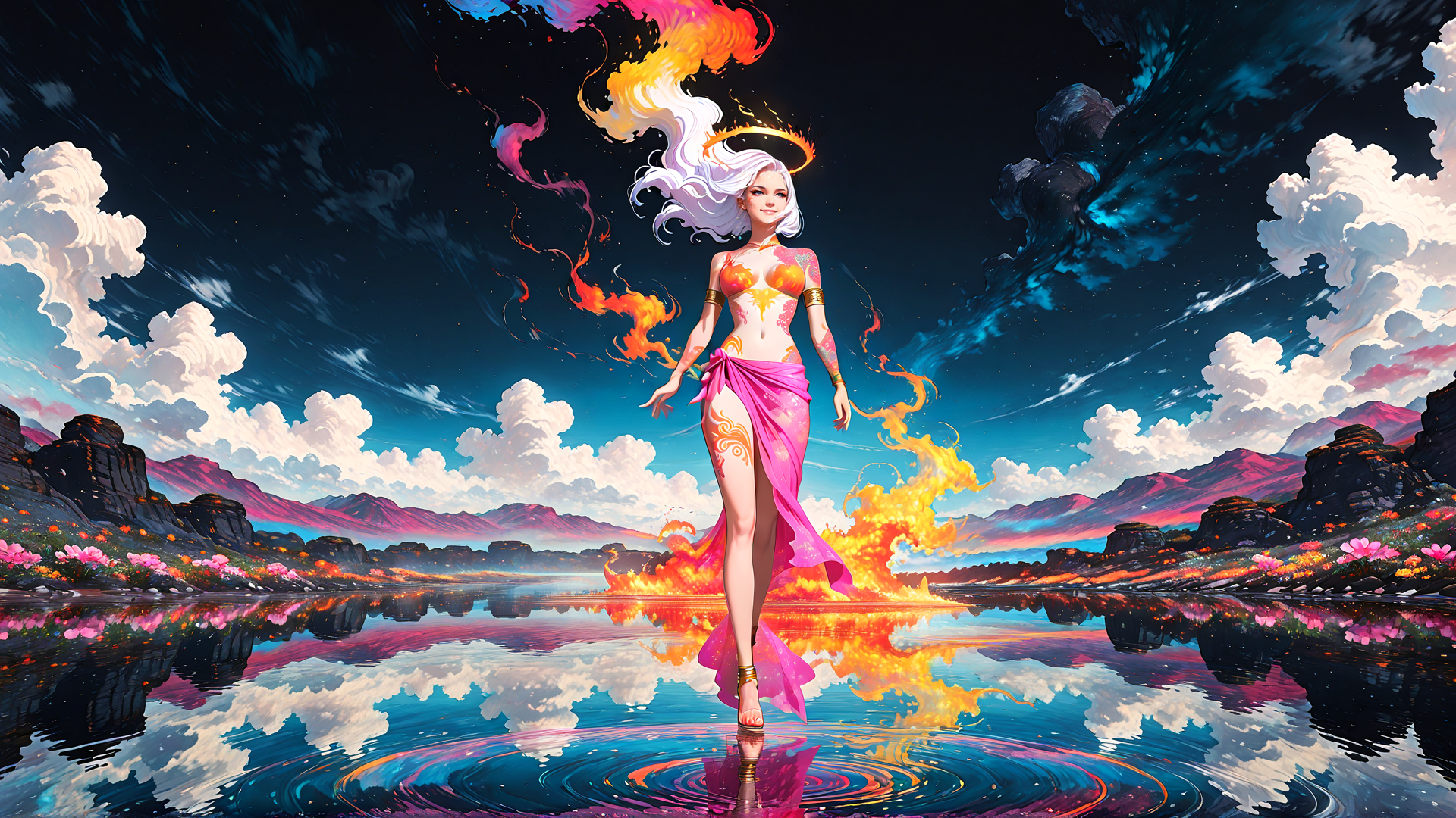 AI generated wallpaper featuring woman, goddess, fire, water, clouds, mountains, flowers