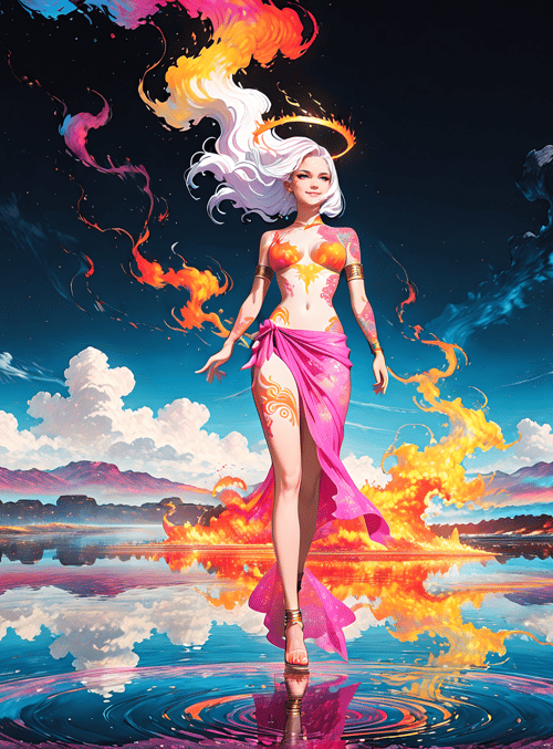 woman, goddess, fire, water, clouds, mountains, flowers