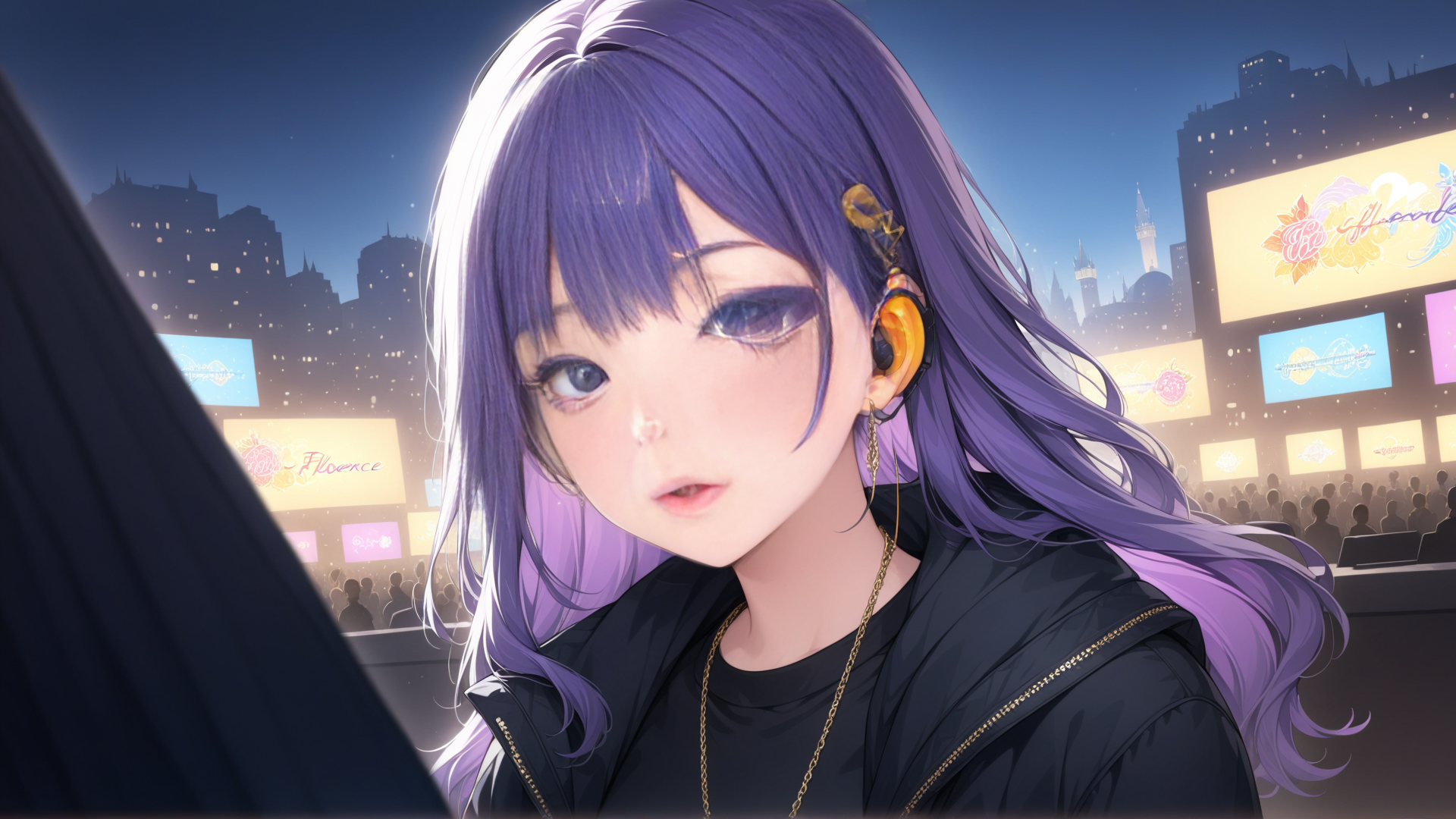 AI generated wallpaper featuring girl, anime, cityscape