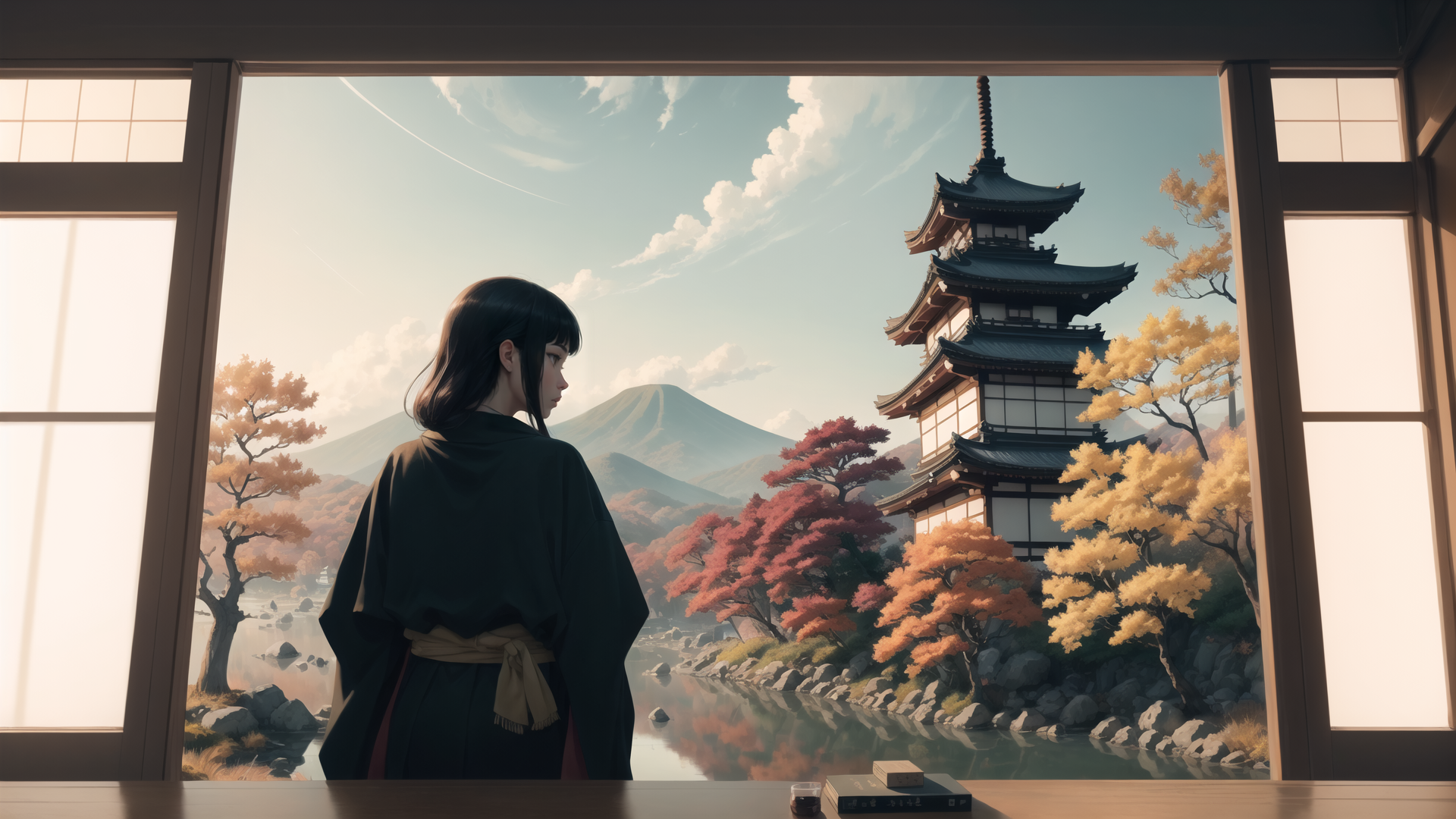 AI generated wallpaper featuring woman, pagoda, mountain, trees, river