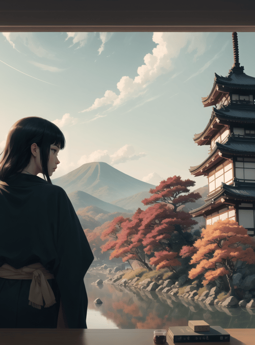 woman, pagoda, mountain, trees, river