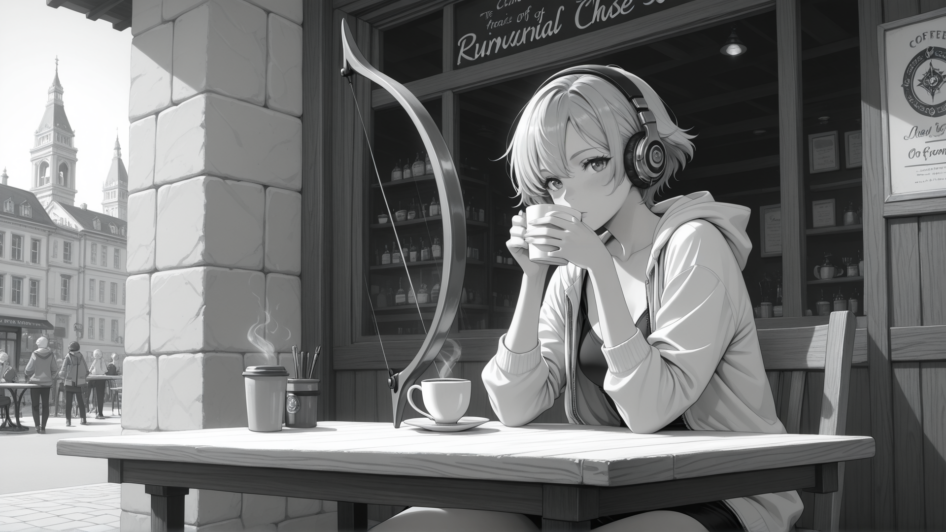 AI generated wallpaper featuring girl, coffee, headphones, cafe, bow, table, street, building, cup, sweater