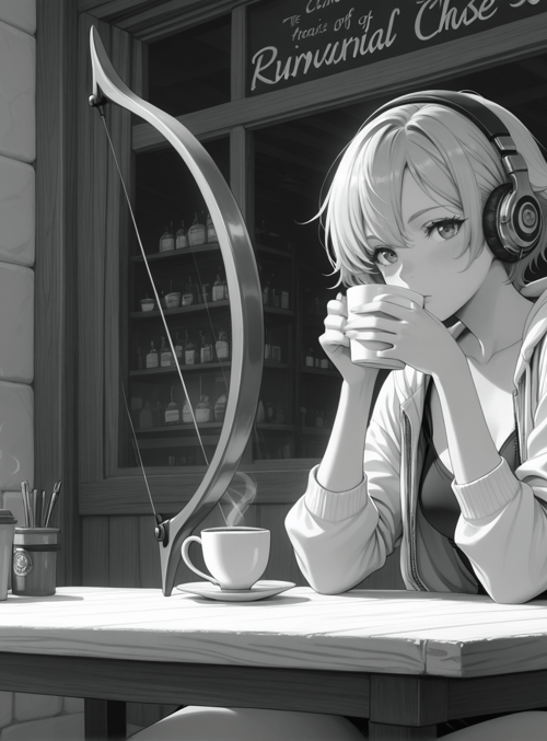 girl, coffee, headphones, cafe, bow, table, street, building, cup, sweater