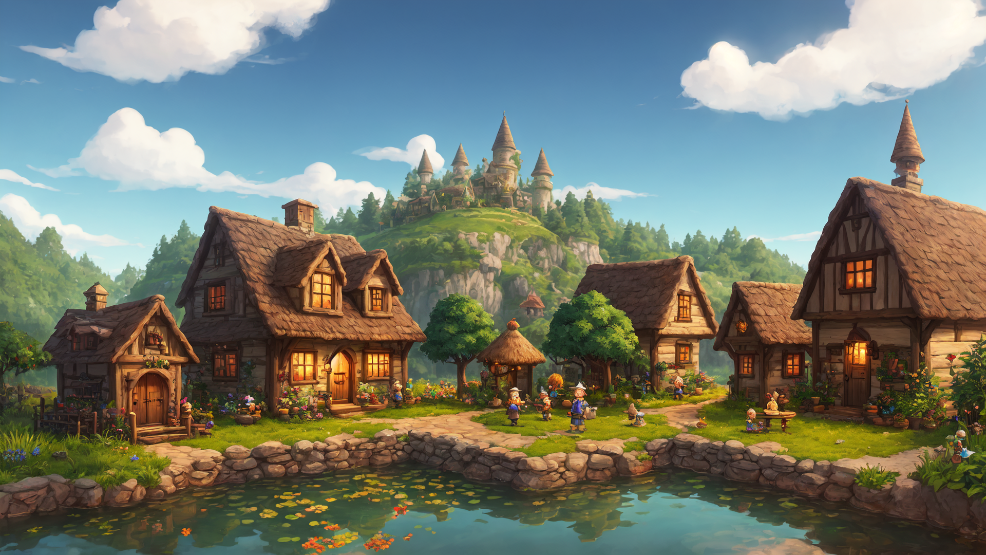 AI generated wallpaper featuring village, houses, castle, trees, people, pond, flowers, stone wall, clouds, path