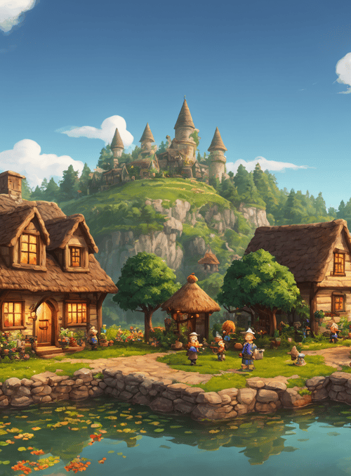 village, houses, castle, trees, people, pond, flowers, stone wall, clouds, path