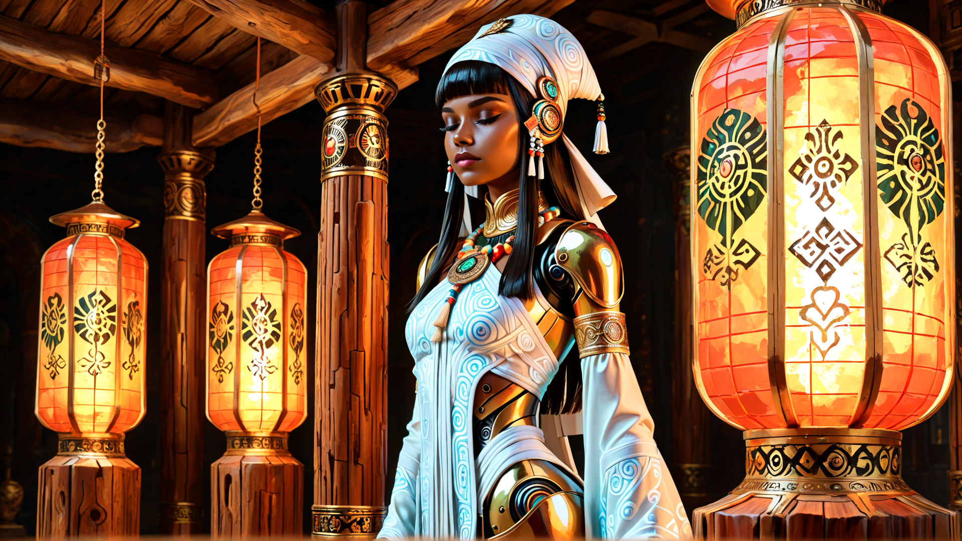 AI generated wallpaper featuring woman, lantern, armor, turban, cultural, art, gloves, beads, column, jewelry