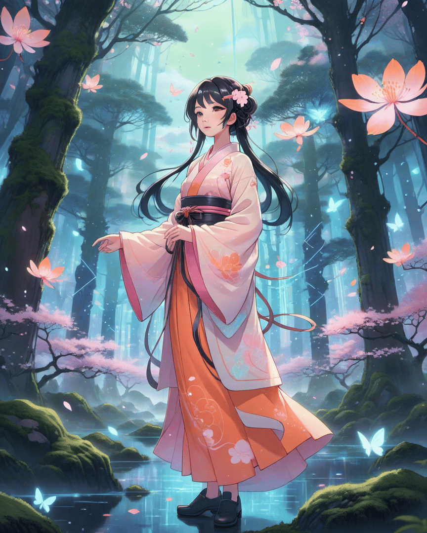 AI generated wallpaper featuring girl, kimono, forest